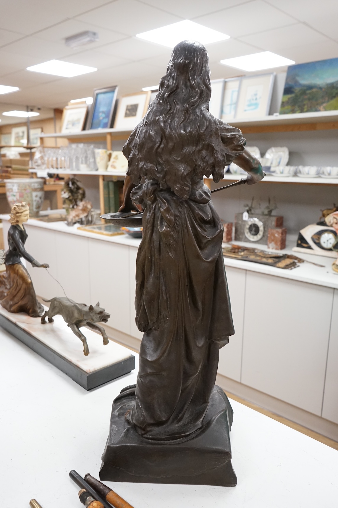 A large French patinated spelter figure of Salome, late 19th century, 75cm high